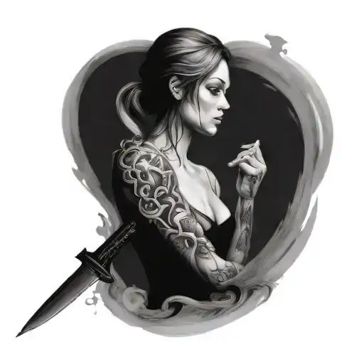 Dark And Mysterious Tattoo Of A Woman With A Knife Through Her Heart