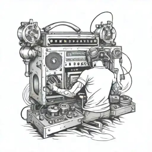 Create A Tattoo Featuring A Hardstyle Dj Producing Music With Industrial Machinery In The Background