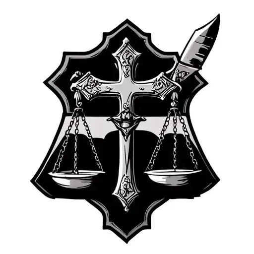 Minimalistic Patch Work Style Latin Budded Cross Scale Of Justice With Knife And Bible In The Scale
