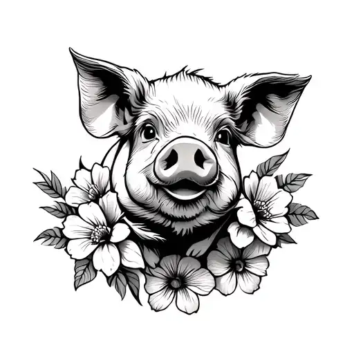 A Pig And Flowers In One Line Art Style