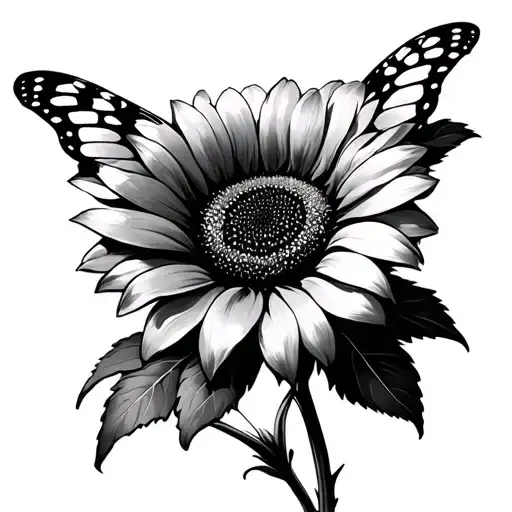 Black And Gray Sunflower With Colorful Butterfly