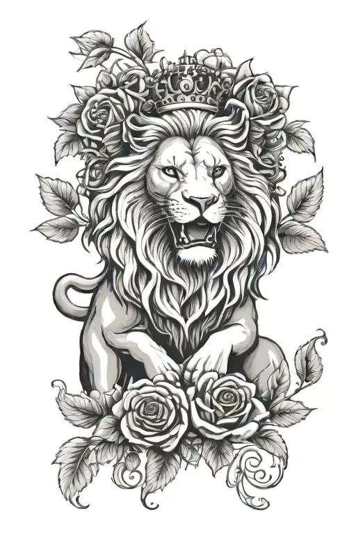 Heraldic Lion Surrounded By Wreath Roses Crown Strength