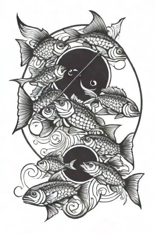 A School Of Colorful Fish Swimming In A Circular Formation Around A Fishing Rod