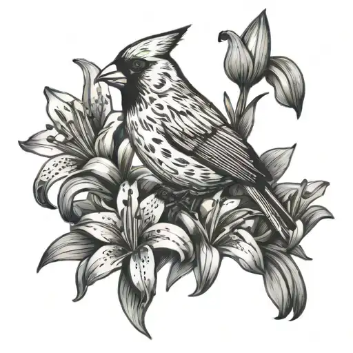 Cardinal Bird And Lily Flowers