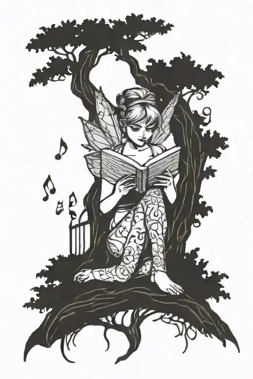 Tinkerbell Reading A Book Under A Music Note Tree