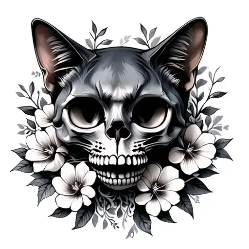 Cat Skull With Flowers Intertwined