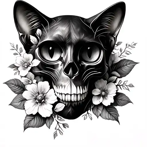 Cat Skull With Flowers Intertwined Within