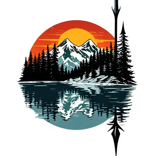 Trident With Moutain Range With Trees Colors Sunset Over Lake