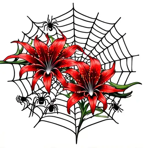 Two Red Spider Lily Between Spider Web And On It Some Spiders