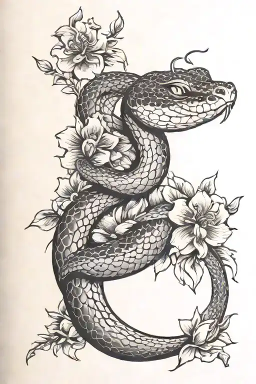 Snake And Moon And Flowers
