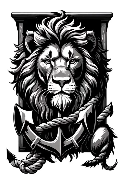A Kind Lion In Black And White Style With An Anchor And A Mooring Rope