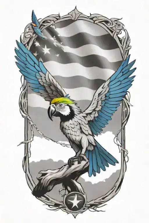 A Colorful Macaw Spread Wings Perched On A Branch With Power Line On Horizon And Puerto Rico Flag