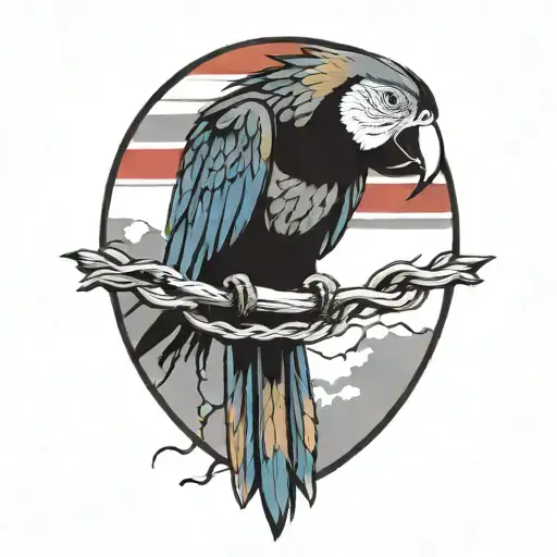 A Colorful Macaw Spread Wings Perched On A Branch With Power Line On Horizon And Puerto Rico Flag