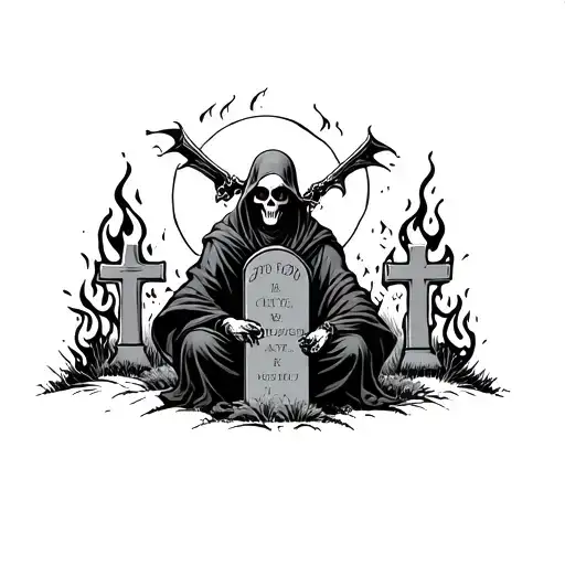 Grim Reaper In A Cemetery With Awesome Flames And A Moon In The Background
