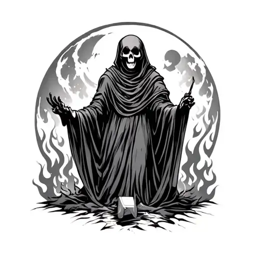 Grim Reaper In A Cemetery With Awesome Flames And A Moon In The Background