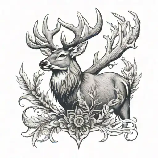 A Majestic Whitetail Deer With Intricate Antlers Intertwined With Turkey Feathers