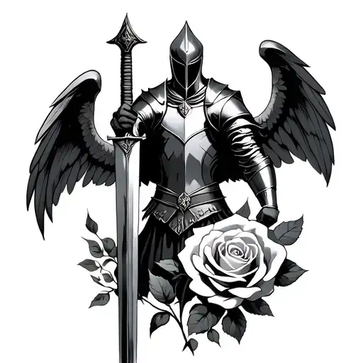A Knight With A Sword And Wings Above A Rose