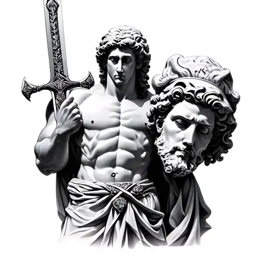 Male Statue Holding A Head And A Sword