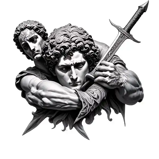 Male Statue Holding A Head And A Sword Embedded