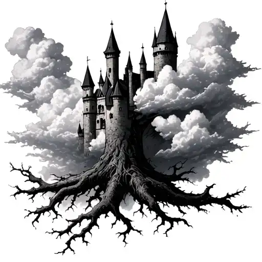 Root To The Sky Through A Cloud And Above The Clouds A Castle