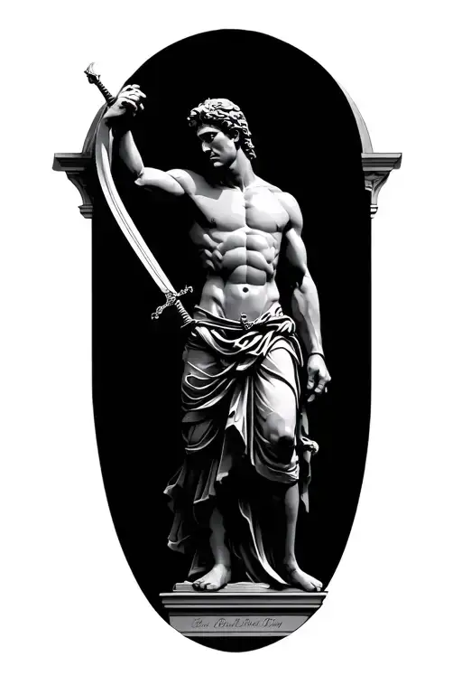 Male Statue Holding An Enemy's Head With A Sword In Hand