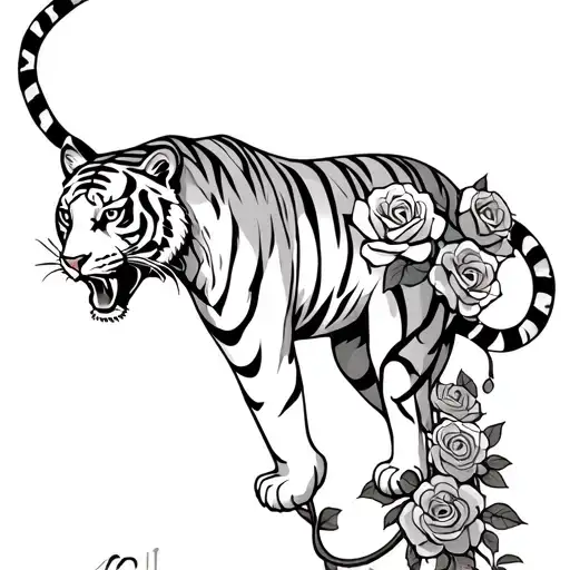 Tiger With Roses Climbing A Leg
