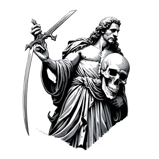 Male Statue Holding A Skull In His Hand And He Has A Sword In His Other Hand
