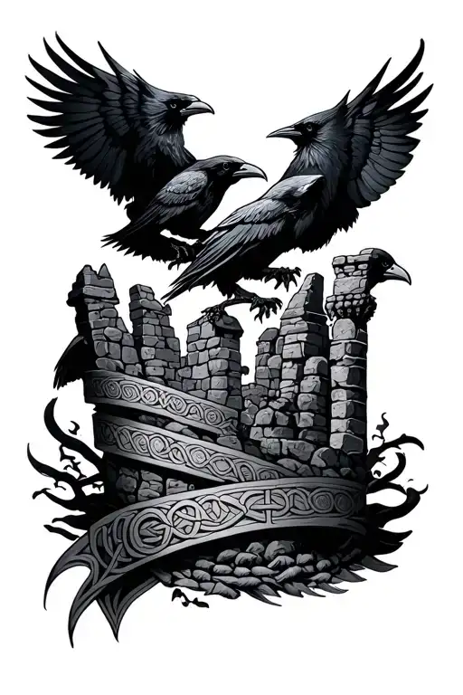 Norse And Celtic Sleeve Tattoo With Ruins In Bands And Ravens