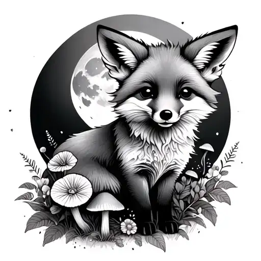 Baby Fox Full Moon And Mushrooms Flowers
