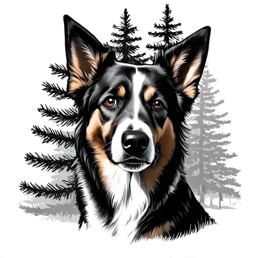 Dog In Front Of Pine Tree