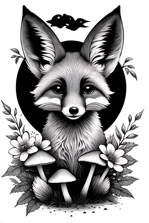 Baby Fox Full Moon And Mushrooms Flowers