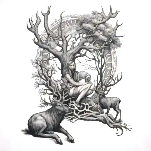 Mother Nature Kneeling By The Tree Of Life With Two Elks