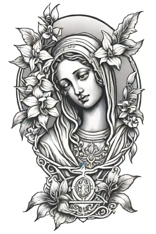 Statue Of Virgin Mary Of With Orchids