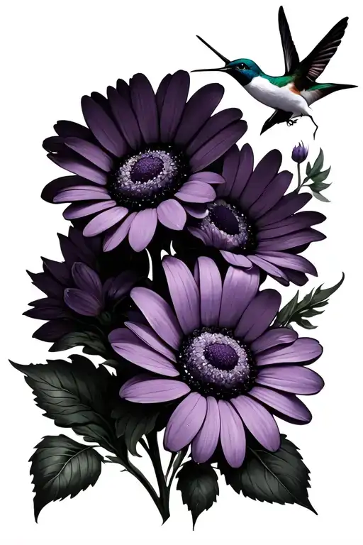 Minimalistic Daisy And Violet Flowers With A Hummingbird