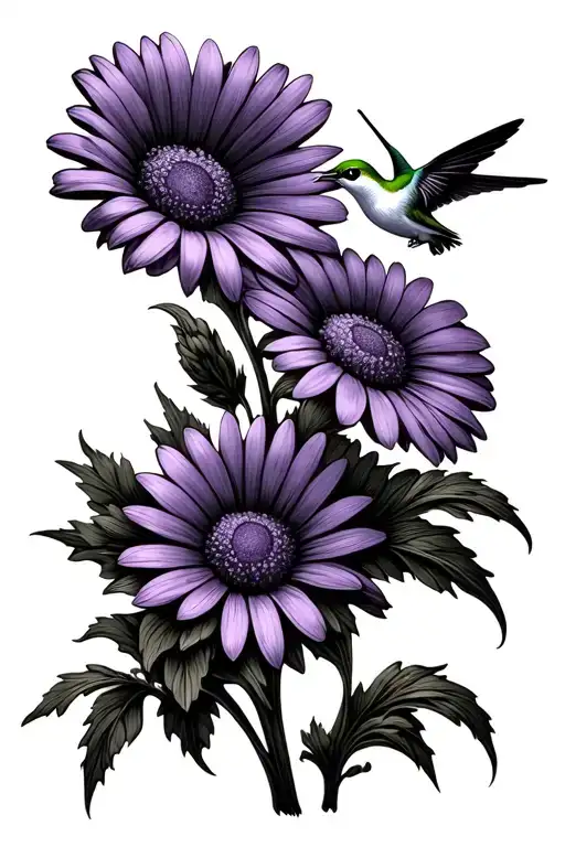 Minimalistic Drawing Style Daisy And Violet Flowers With A Hummingbird