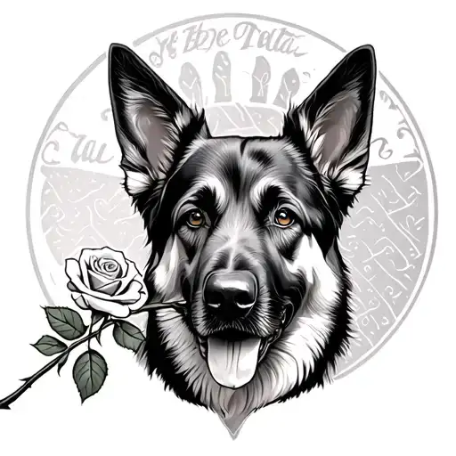 Trad Style German Shepherd Dog Holding Rose Stem In Mouth