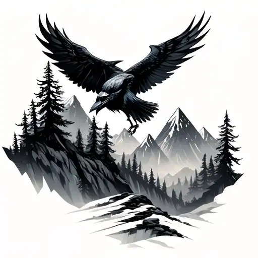 Geometric Forest With Mountains And Raven With Spread Wings