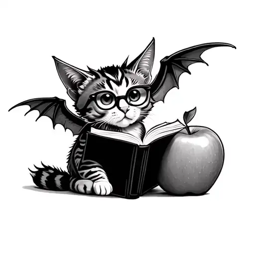 Deaf Cat With Dragon Wings And Glasses Reading A Book Near An Apple