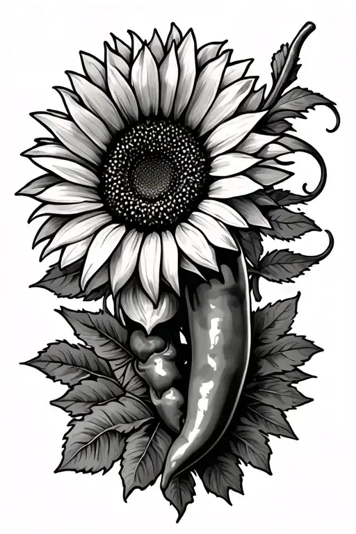 Chilli Pepper Sleeve Tattoo Design With Sunflower Blooming
