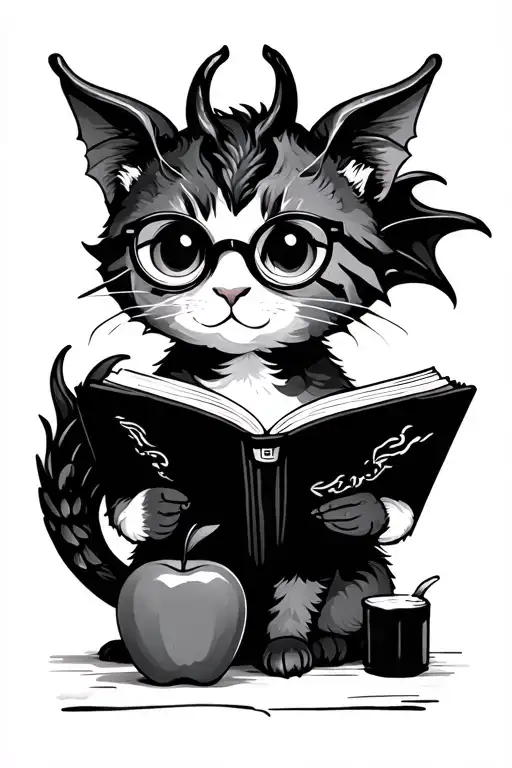 Cute Minimalist Cat With Dragon Wings And Glasses Reading A Book Near An Apple