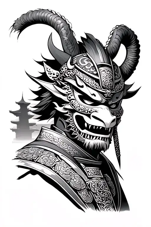There Is A Japanese Samurai Wearing A Demon Mask Against The Background Of European Architecture