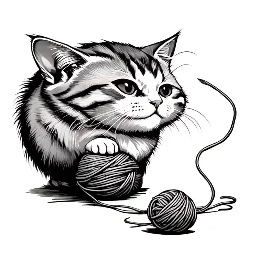 Cat Rolling A Yarn Ball Simple Line Image