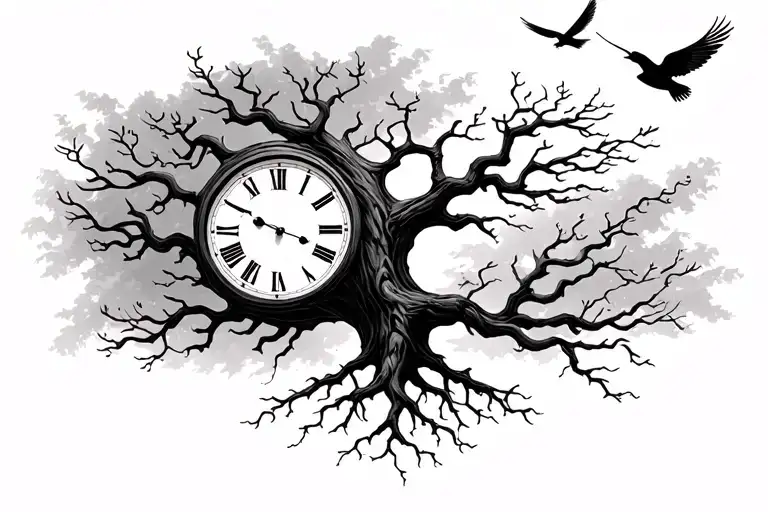 Rooted Tree With A Background Clock And Flying Birds