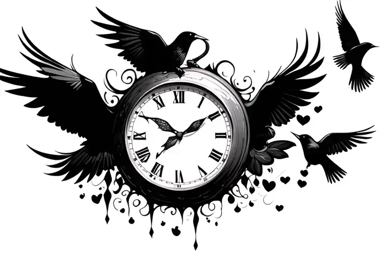 Clock And Flying Birds Flying Away