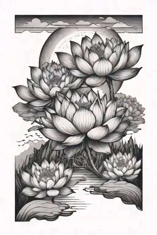 A Lotus Flower And Mountain Landscape