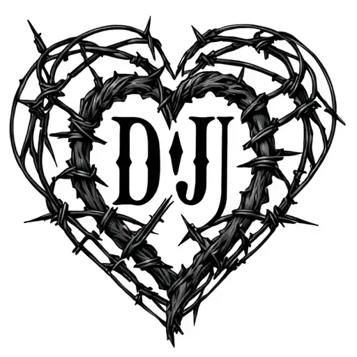 Fine Line Barbedwire Heart With Name Initials Dj Inside