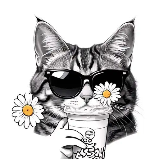 A Cat Holding A Bubble Tea And Wearing Sunglasses Shaped As Daisy