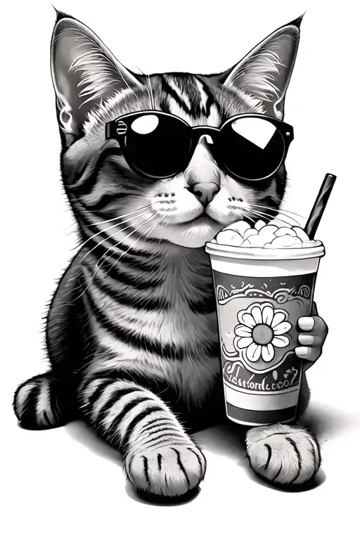 A Cat Laying On The Ground Holding A Bubble Tea And Wearing Sunglasses Shaped As Daisy