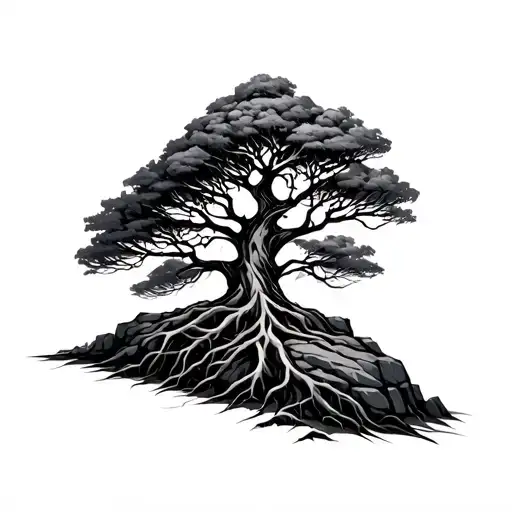 Tree With Roots Wrapped Around A Rock Fine Line Geometric