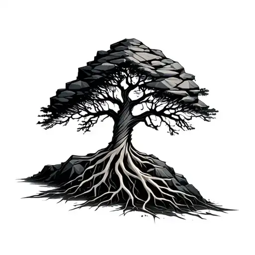 Tree With Roots Wrapped Around A Rock Fine Line Geometric